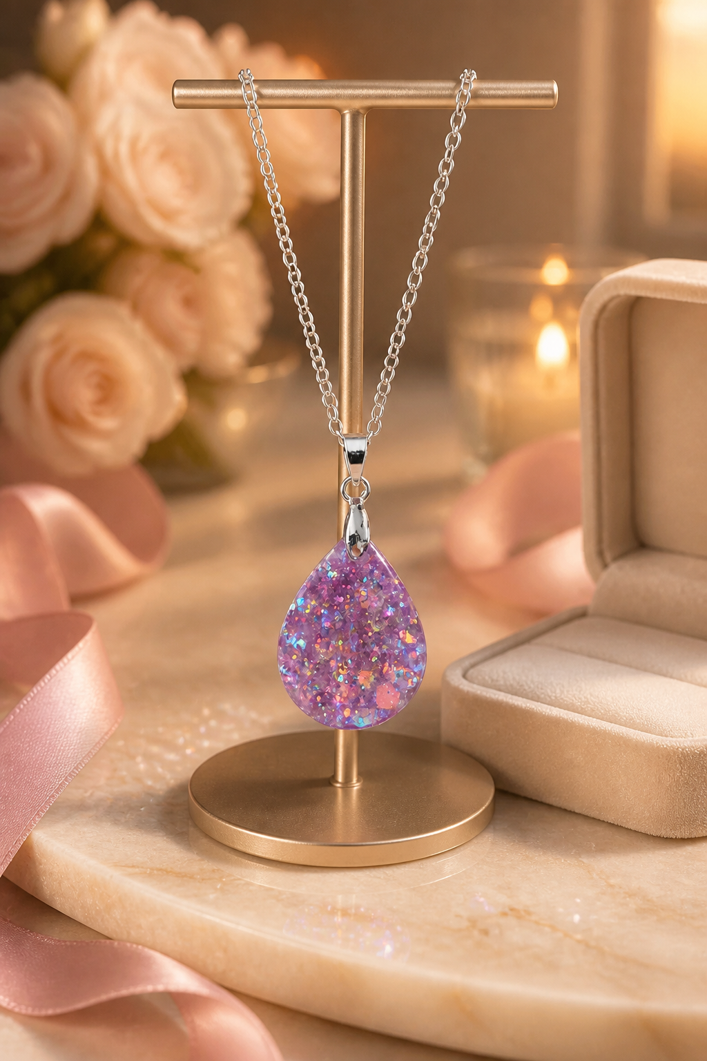 Pink Resin Teardrop Pendant Necklace - 18" Silver-Toned Chain