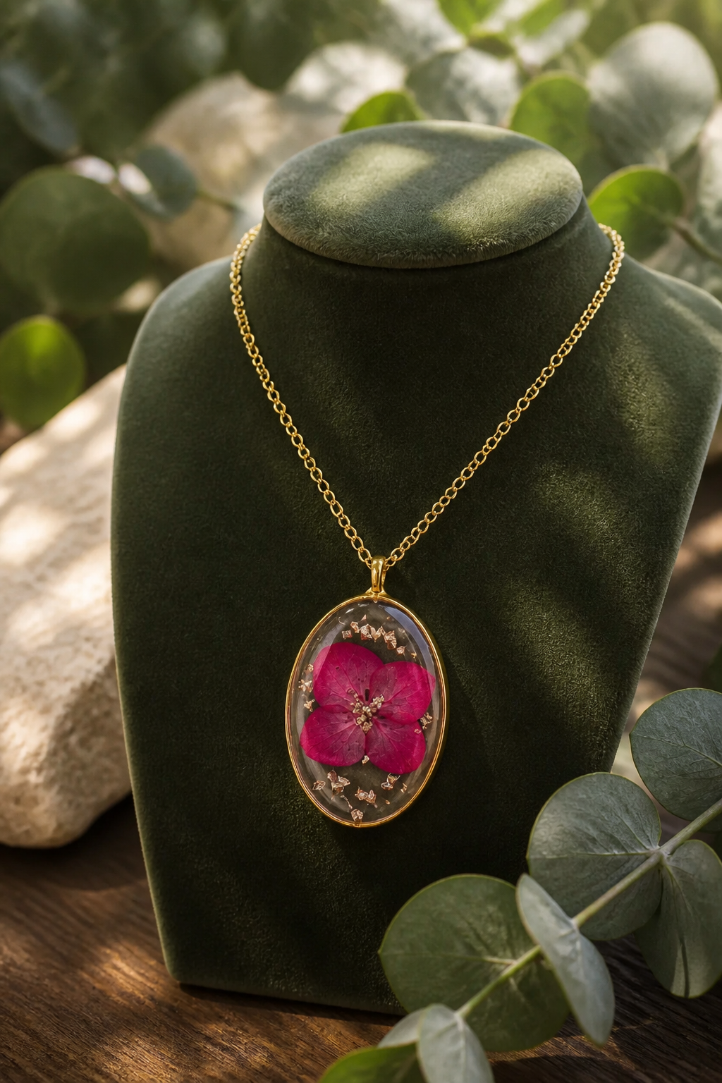 Dried Pink Flower & Gold Glitter Resin Pendant Necklace