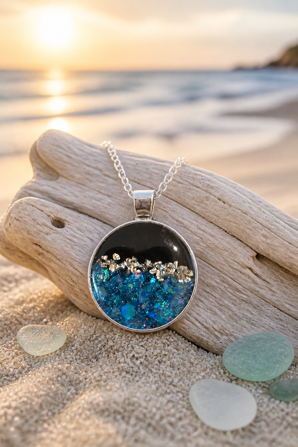 Black Resin Bezel Necklace with Blue & Silver Glitter - 18" Silver Chain