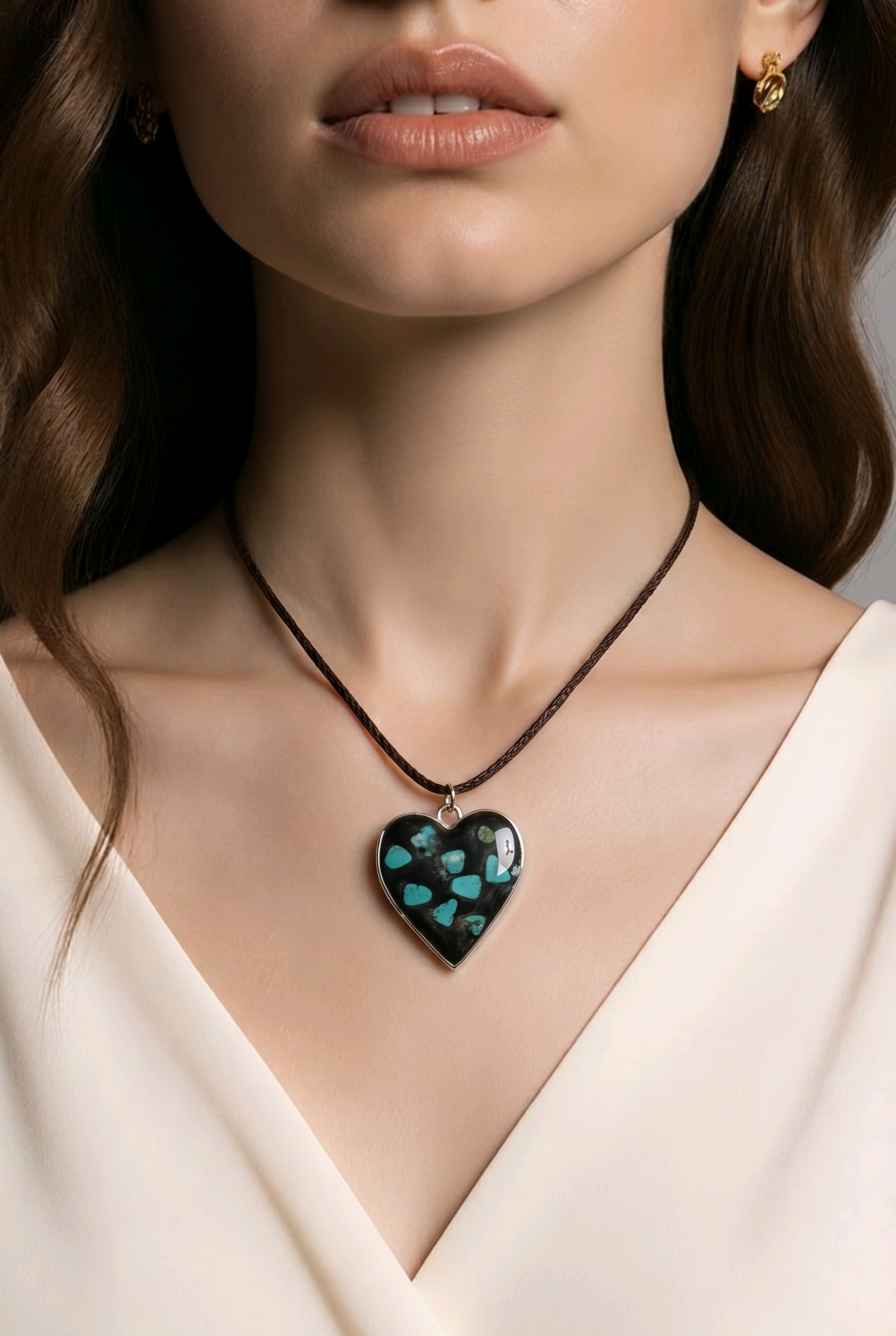 Turquoise & Black Resin Heart Pendant Necklace – Handmade Romantic Jewelry
