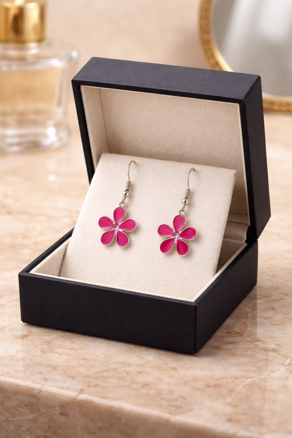 Pink Flower Resin Earrings – Handmade with Crystal Accent & Silver Bezel