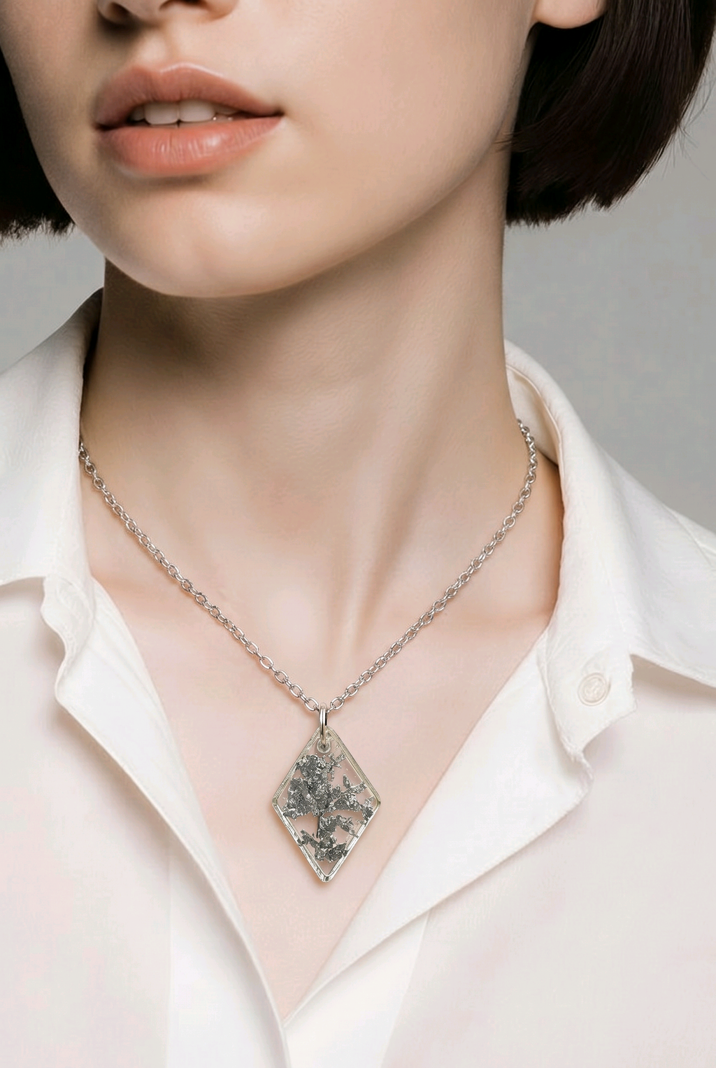 Silver Foil Resin Diamond Pendant Necklace – Handmade Geometric Jewelry