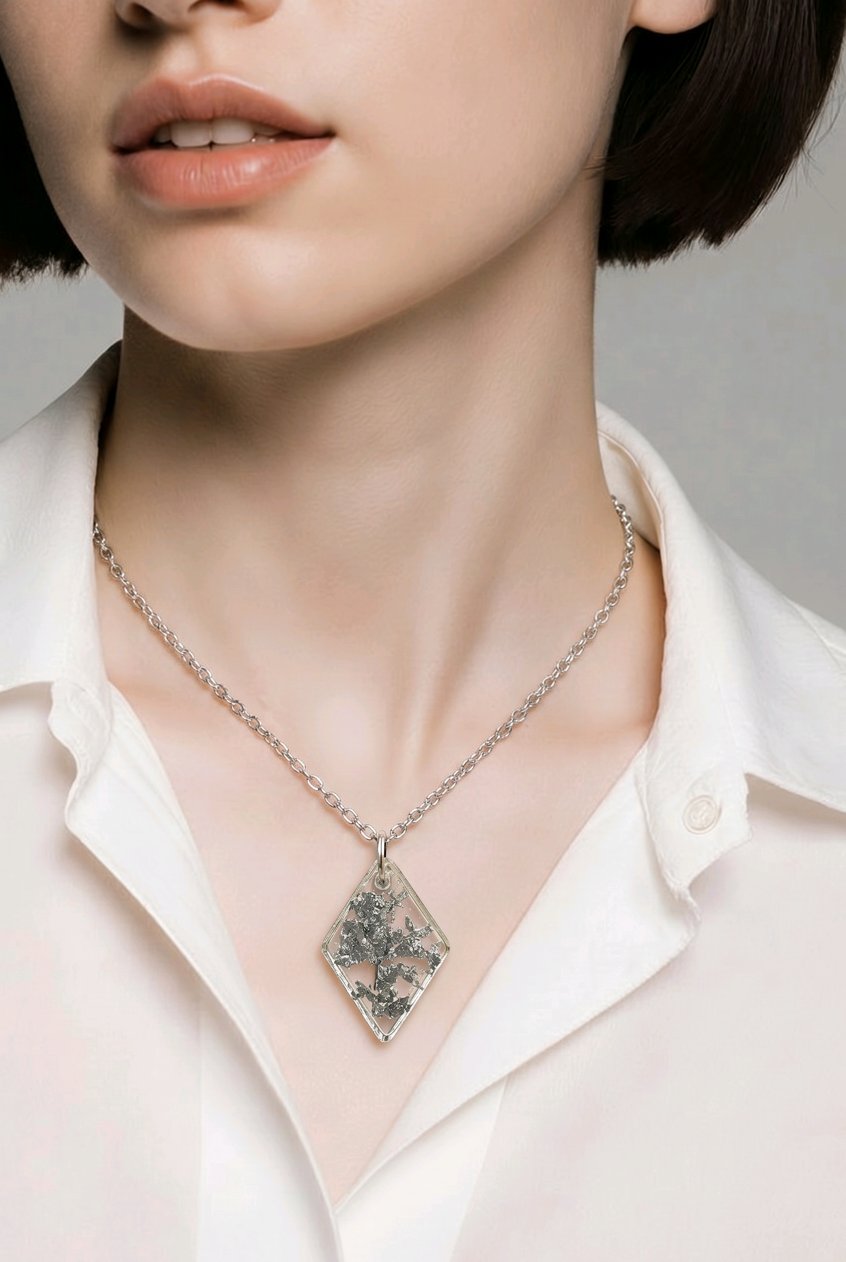 Silver Foil Resin Diamond Pendant Necklace – Handmade Geometric Jewelry