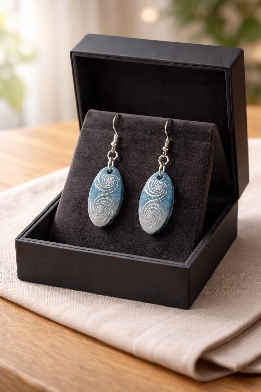 Silver & Blue Oval Resin Earrings – Handmade with Silver Scroll Detail