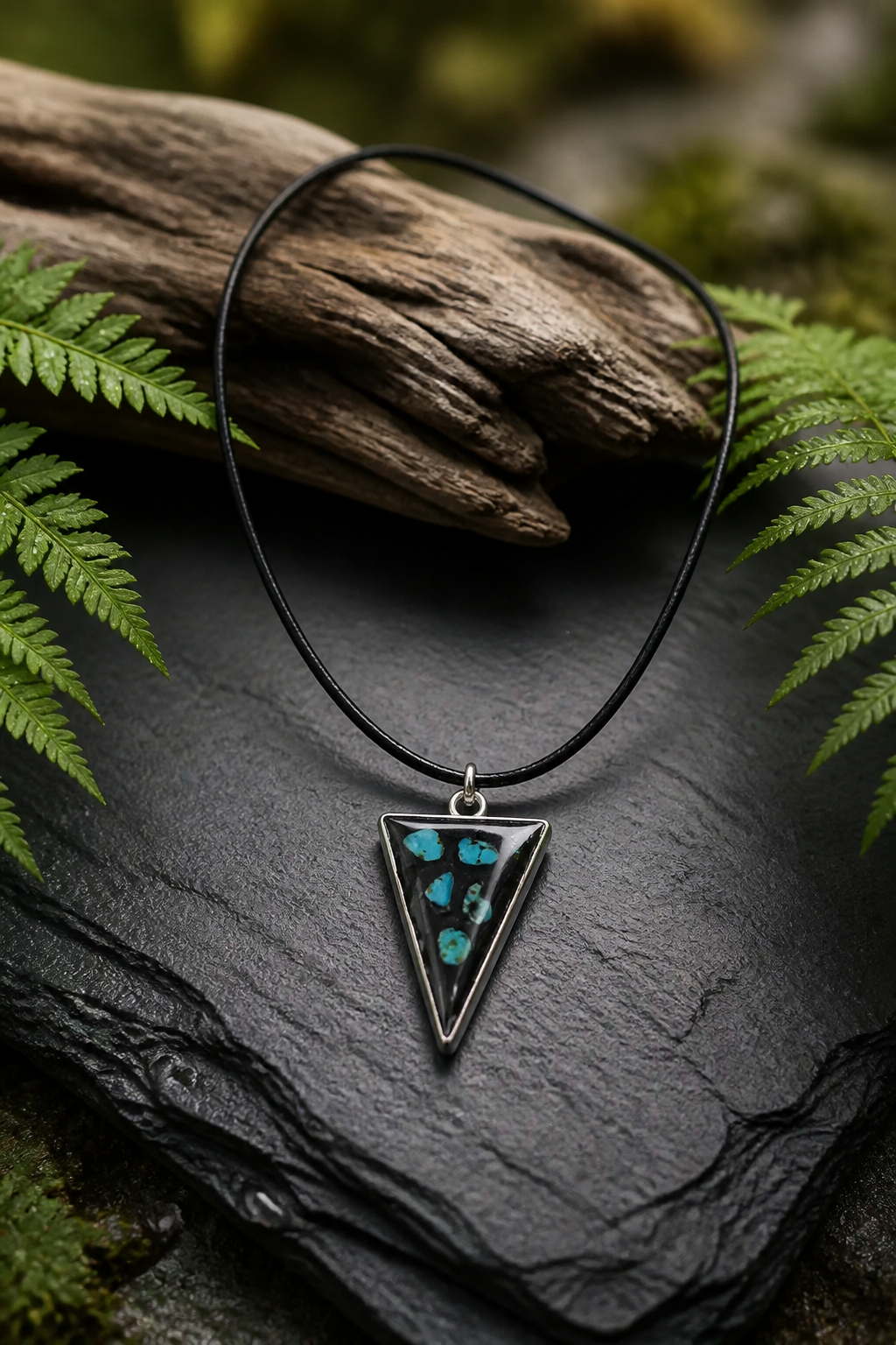 Turquoise & Black Resin Triangle Pendant Necklace – Handmade Boho Jewelry