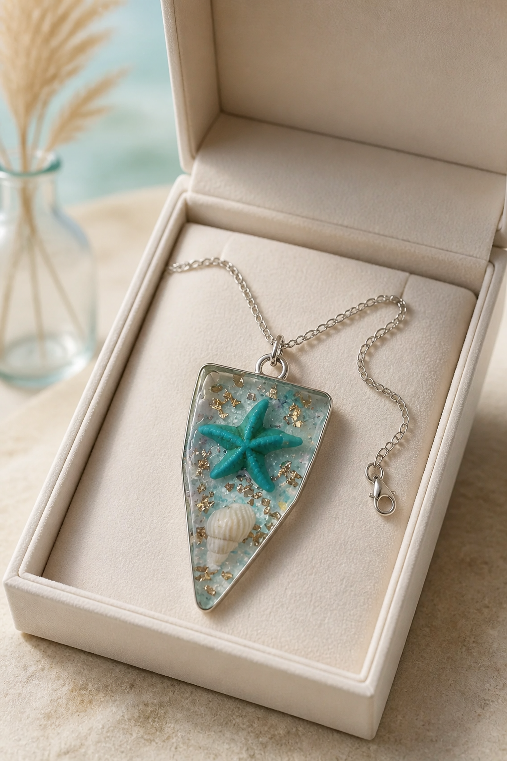 Teal Glitter Arrowhead Resin Pendant Necklace – Handmade Ocean-Inspired Jewelry