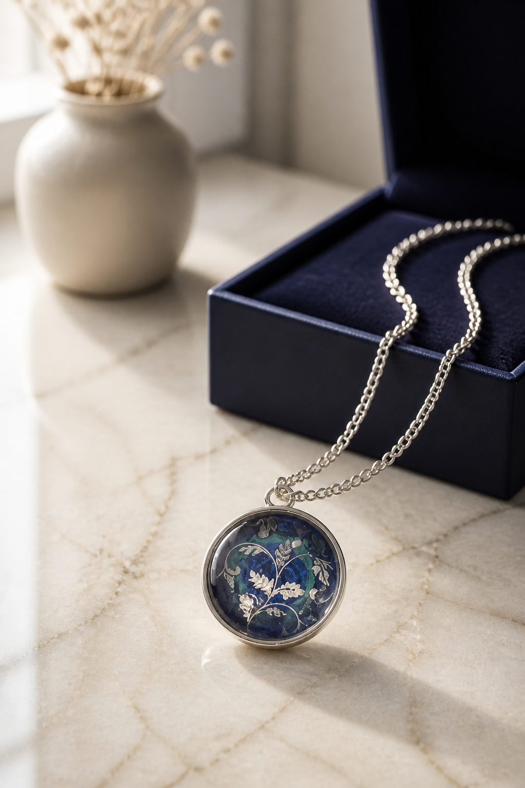 Blue-Green Resin & Silver Pattern Pendant Necklace