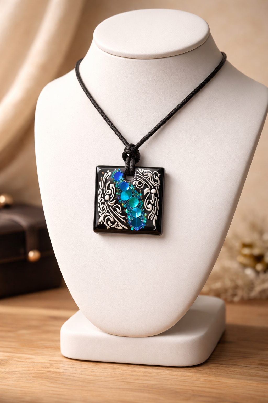 Black Resin Square Pendant Necklace with Blue Glitter & White Filigree – Handmade Statement Jewelry