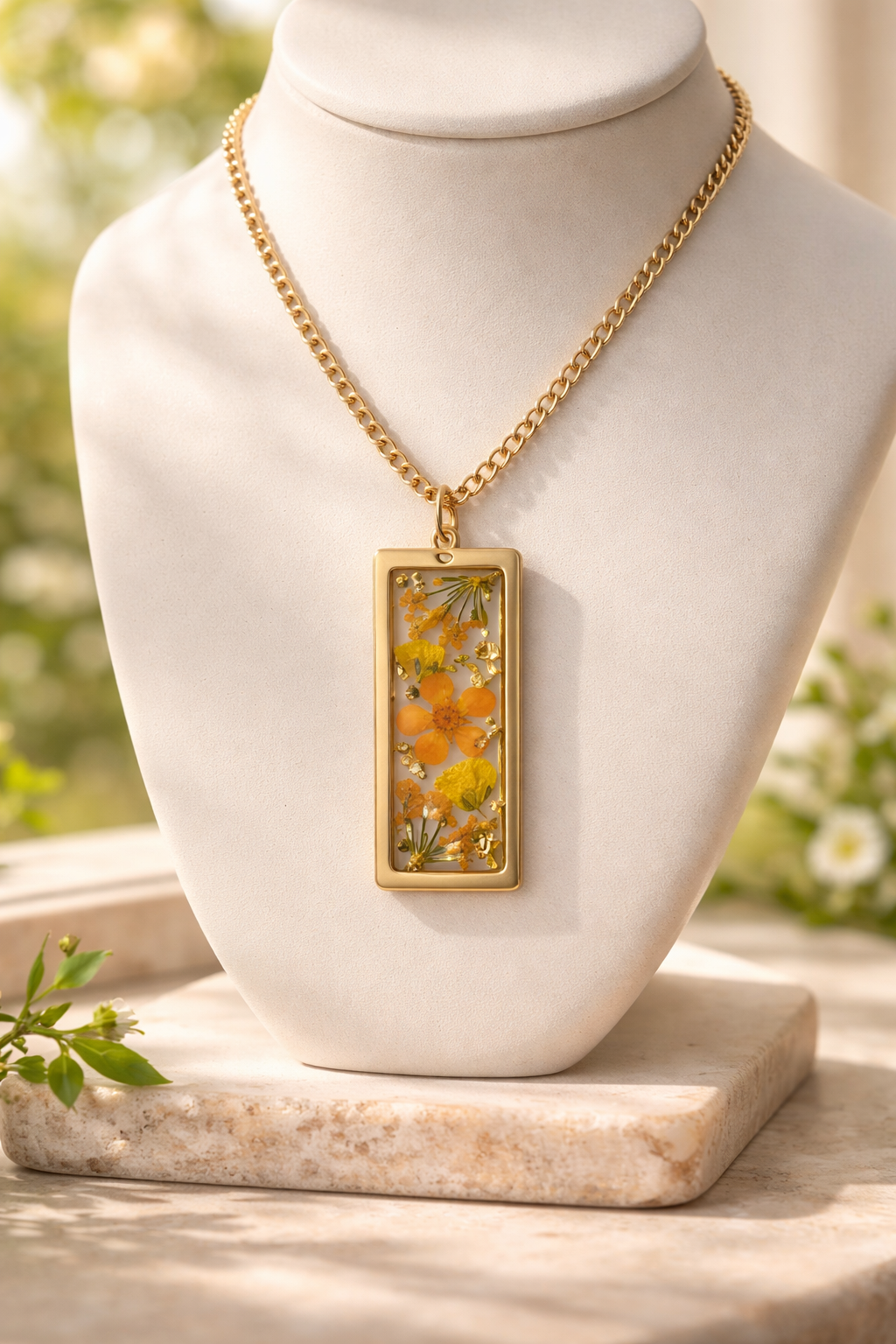 Dried Flower Resin Pendant Necklace in Gold Bezel – Handmade Botanical Jewelry