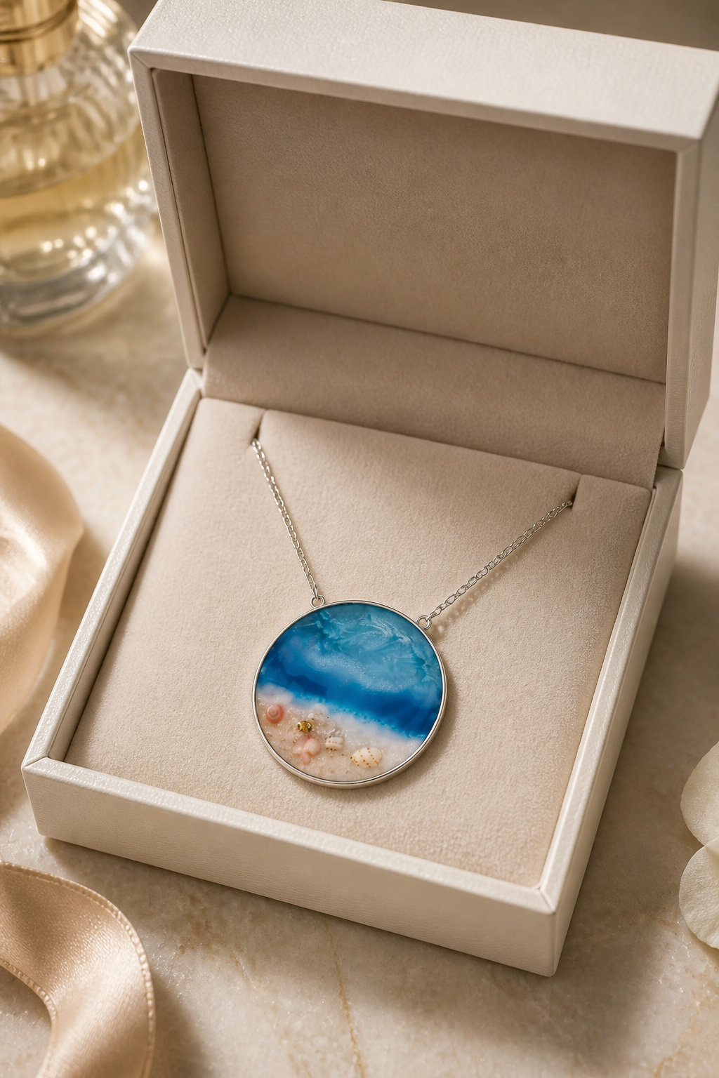 Real Seashell Beach Resin Pendant Necklace – Handmade Coastal Jewelry
