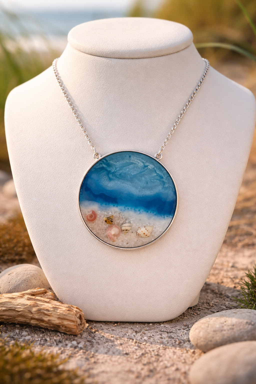 Real Seashell Beach Resin Pendant Necklace – Handmade Coastal Jewelry