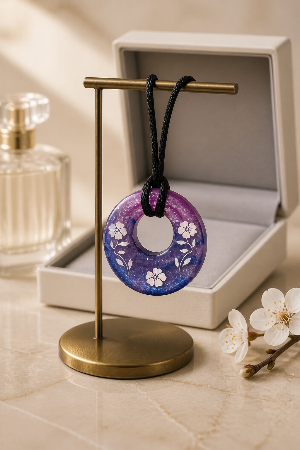 Purple Resin & White Flower Pendant Necklace – Handmade Feminine Jewelry
