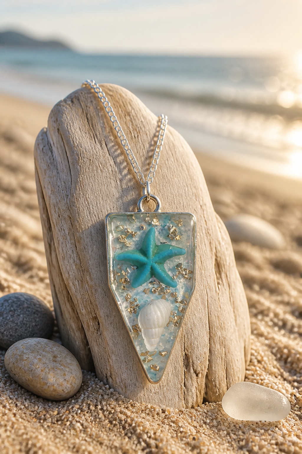 Teal Glitter Arrowhead Resin Pendant Necklace – Handmade Ocean-Inspired Jewelry