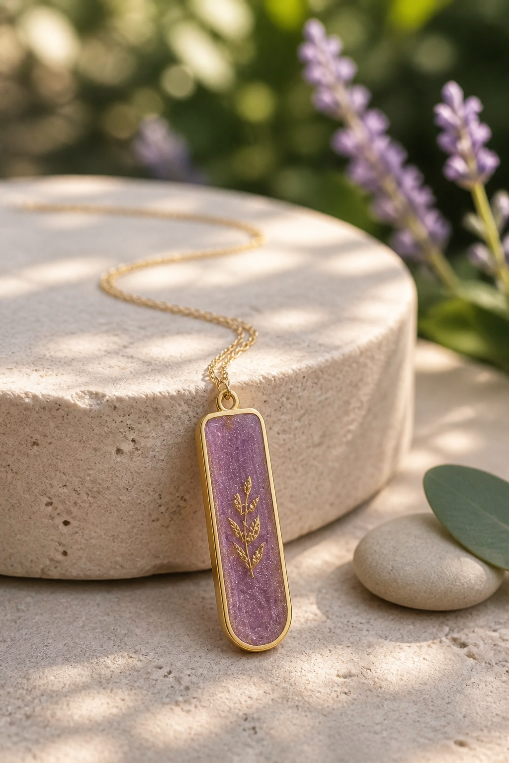 Lavender & Gold Leaf Resin Pendant Necklace