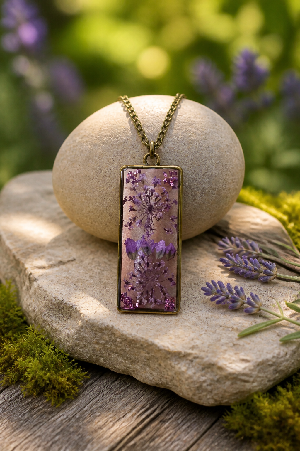 Dried Purple Flower Antiqued Resin Pendant Necklace
