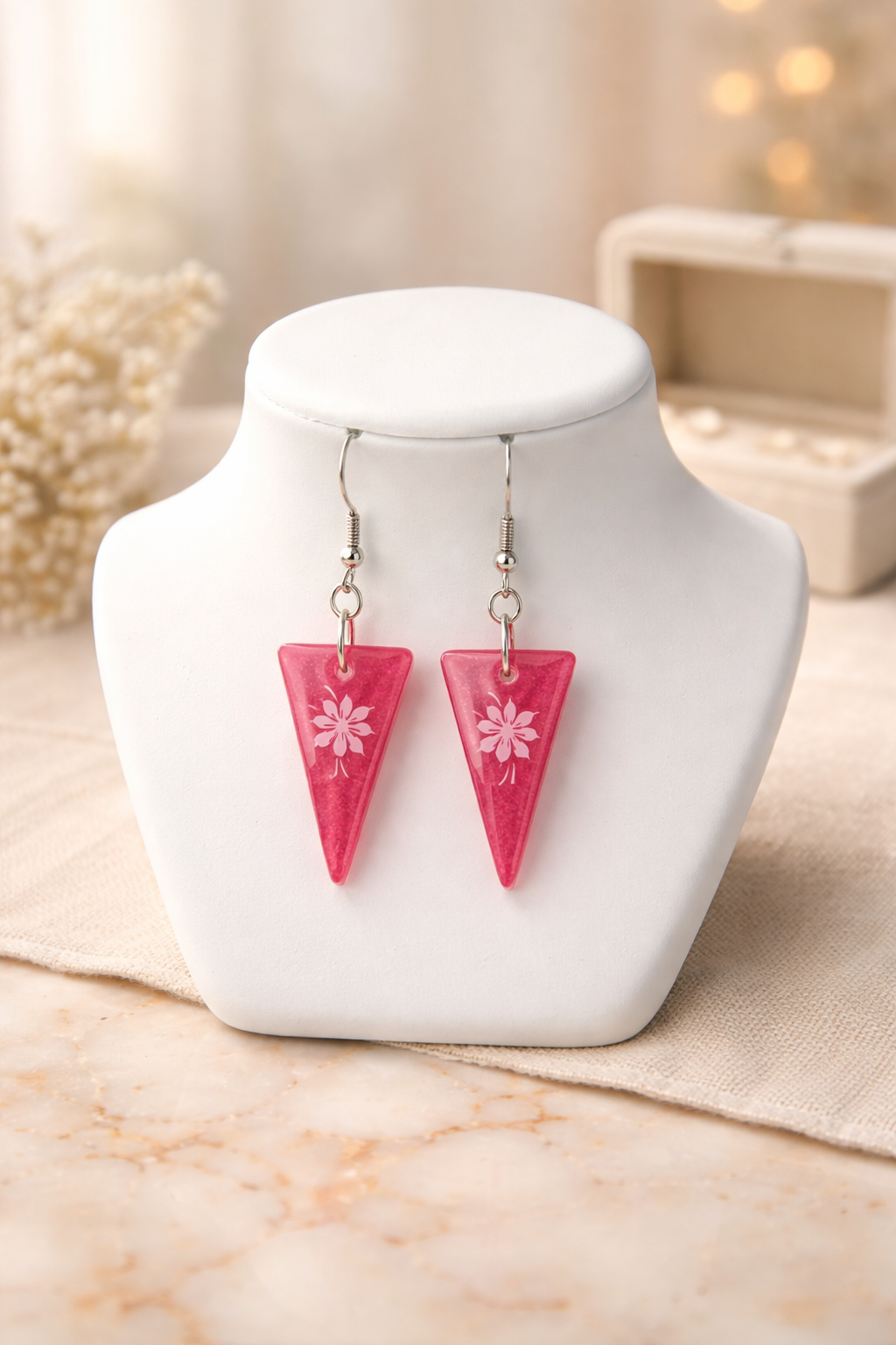 Pink Triangle Resin Earrings – Handmade with White Hawaiian Flower Accent
