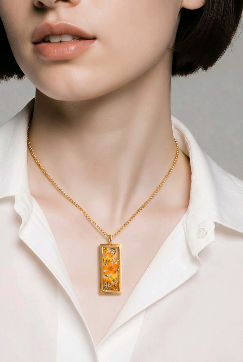 Dried Flower Resin Pendant Necklace in Gold Bezel – Handmade Botanical Jewelry
