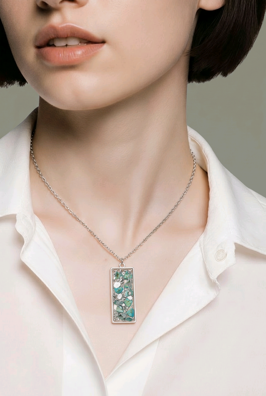 Faux Turquoise & Silver Foil Resin Oblong Pendant Necklace – Handmade Coastal Jewelry