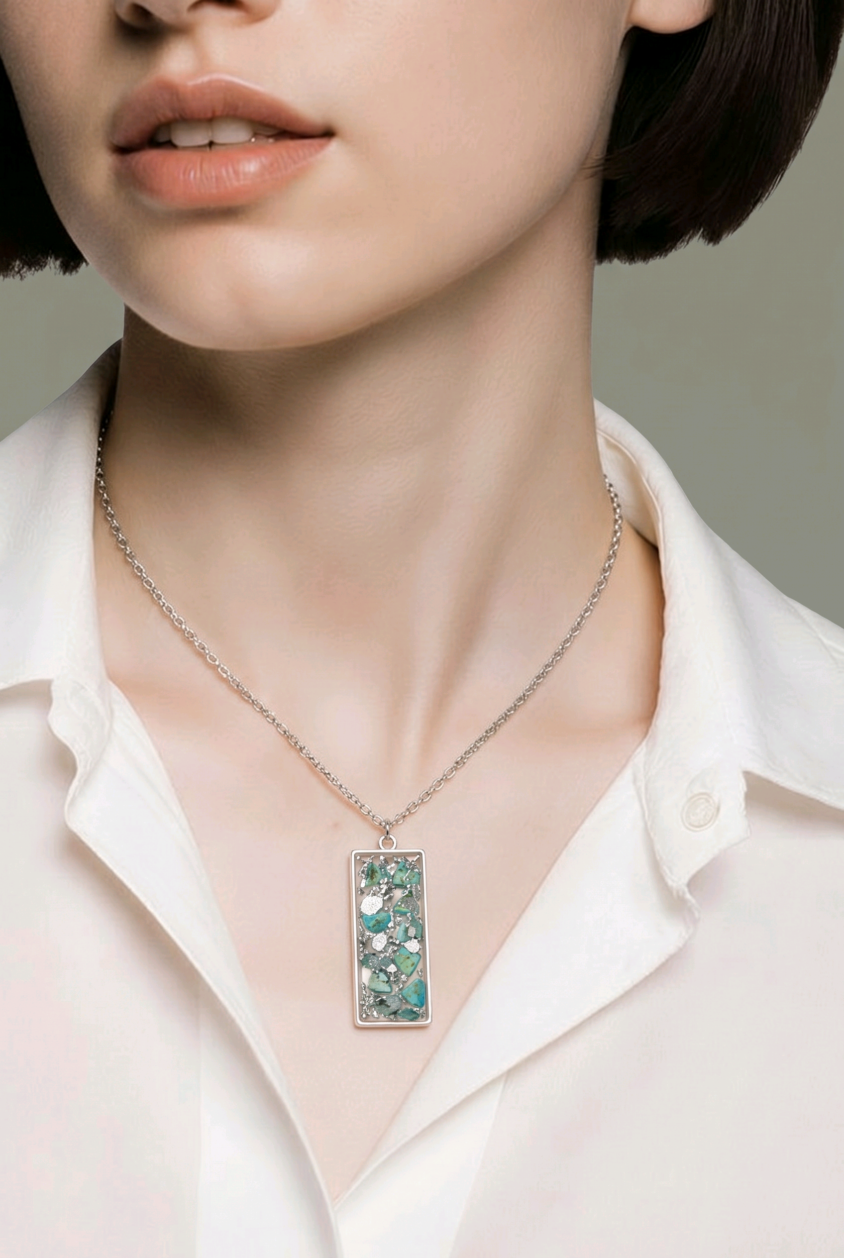 Faux Turquoise & Silver Foil Resin Oblong Pendant Necklace – Handmade Coastal Jewelry