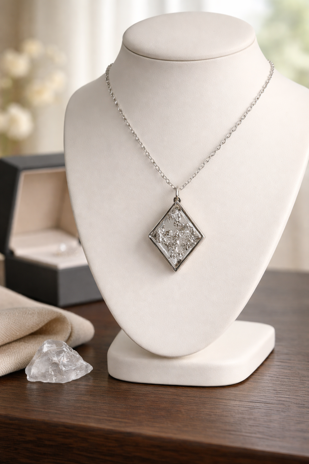 Silver Foil Resin Diamond Pendant Necklace – Handmade Geometric Jewelry