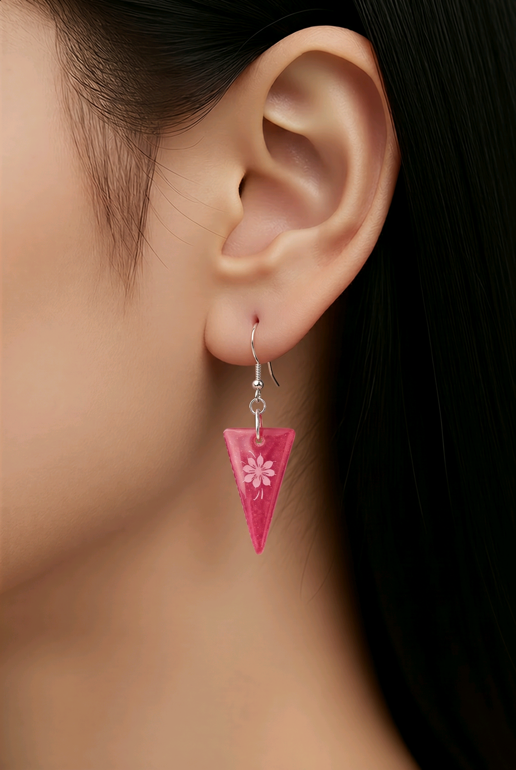 Pink Triangle Resin Earrings – Handmade with White Hawaiian Flower Accent