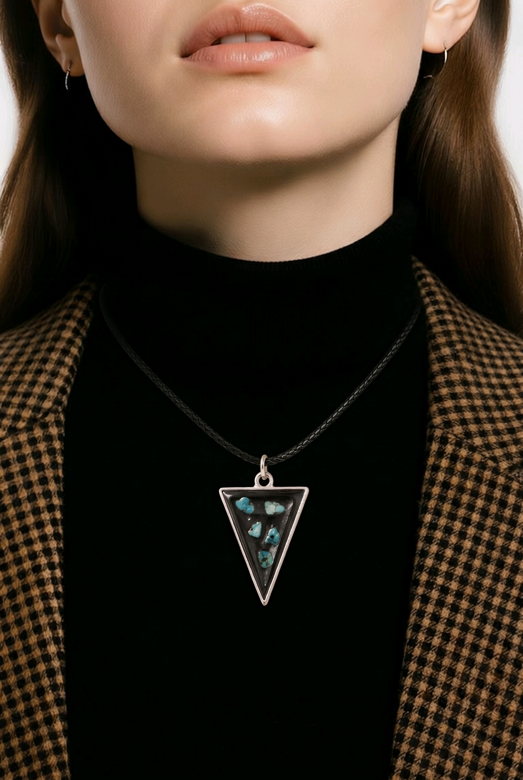 Turquoise & Black Resin Triangle Pendant Necklace – Handmade Boho Jewelry
