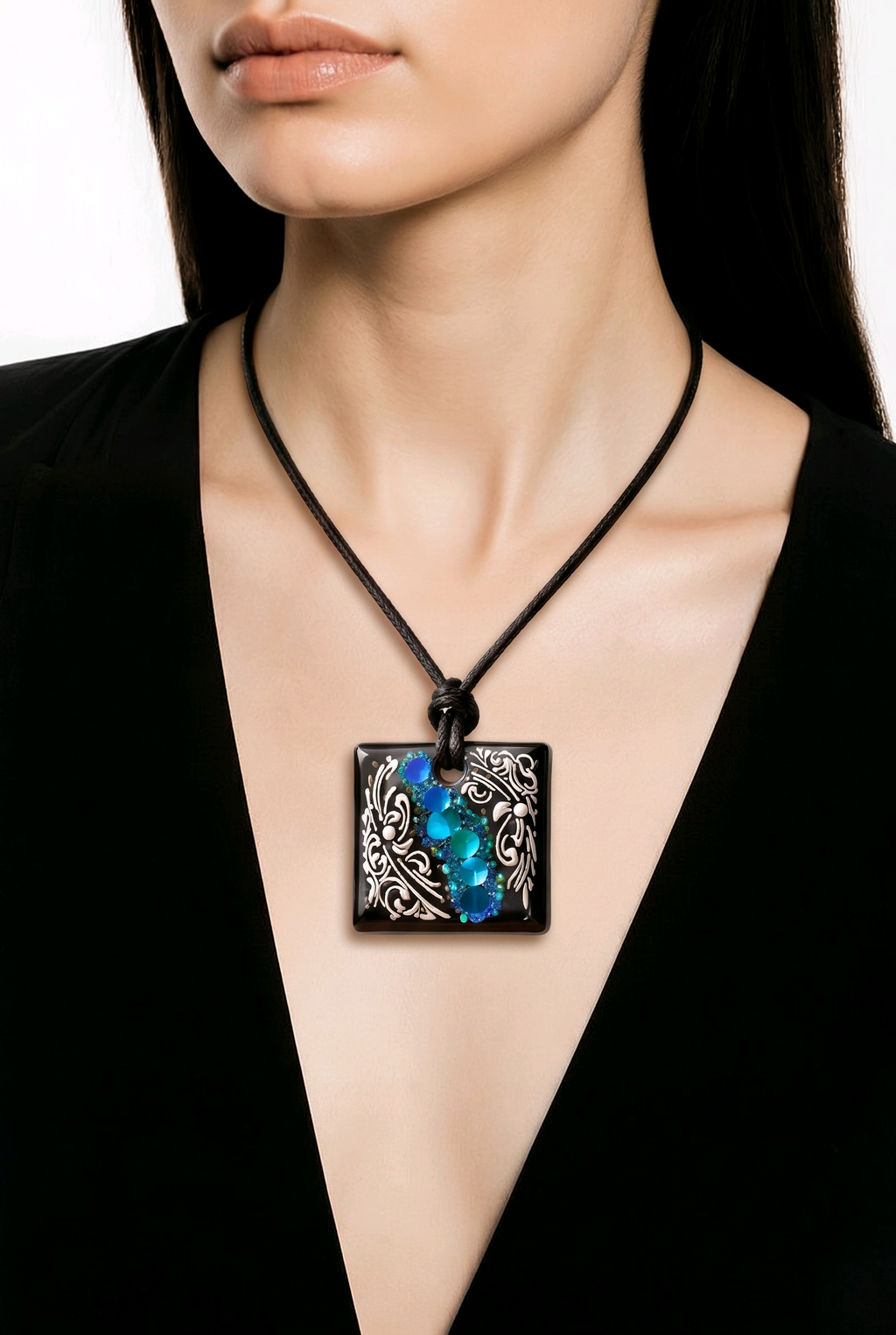 Black Resin Square Pendant Necklace with Blue Glitter & White Filigree – Handmade Statement Jewelry