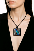 Black Resin Square Pendant Necklace with Blue Glitter & White Filigree – Handmade Statement Jewelry