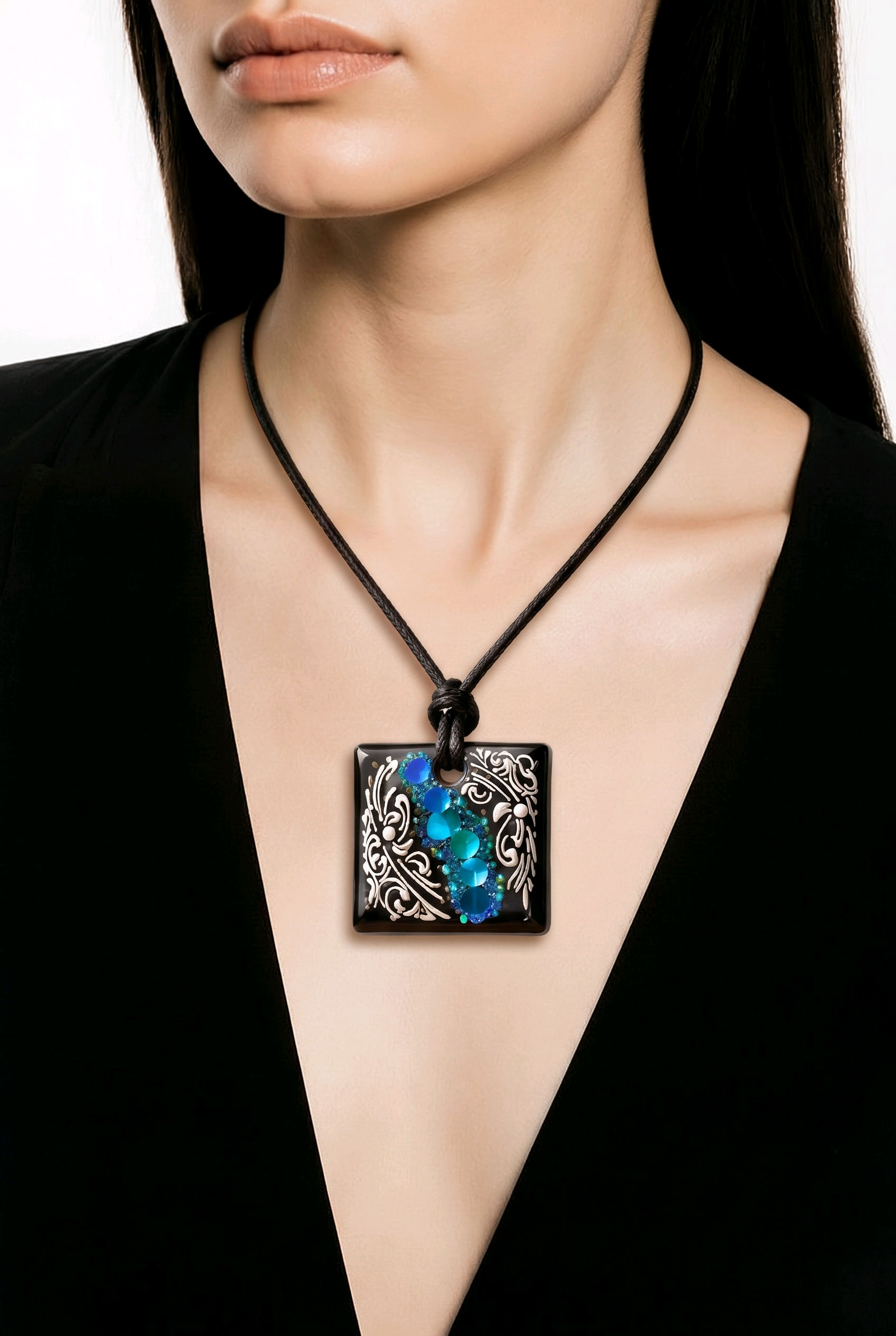 Black Resin Square Pendant Necklace with Blue Glitter & White Filigree – Handmade Statement Jewelry