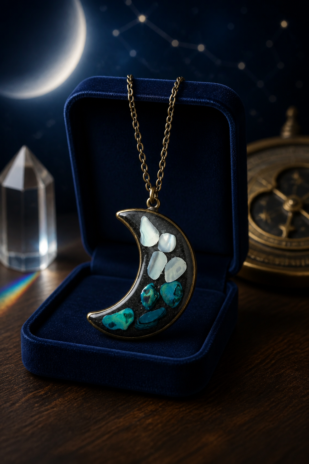 Moon Pendant Necklace with Faux Abalone Shell Set in Resin