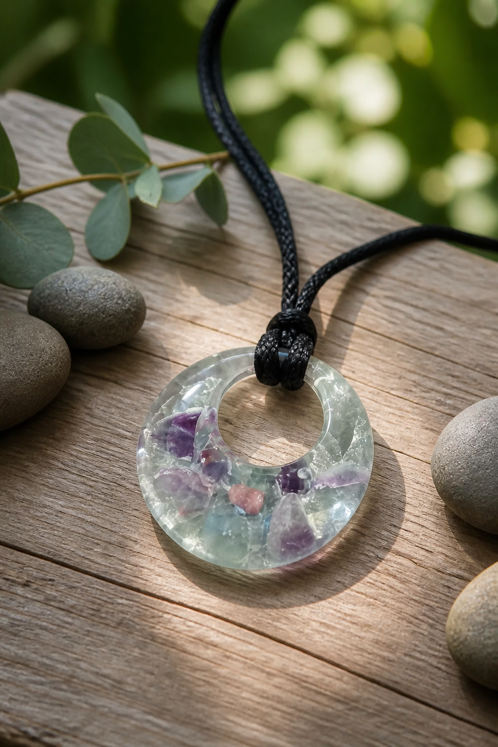 Purple Stone Resin Pendant Necklace on Black Silk Rope – Handmade Modern Jewelry