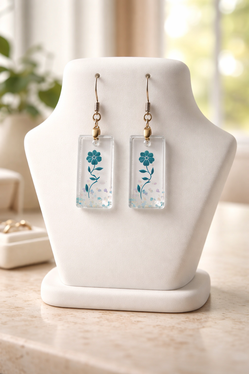 Clear Resin Earrings with Blue Flower Accent – Handmade 1" Botanical Jewelry