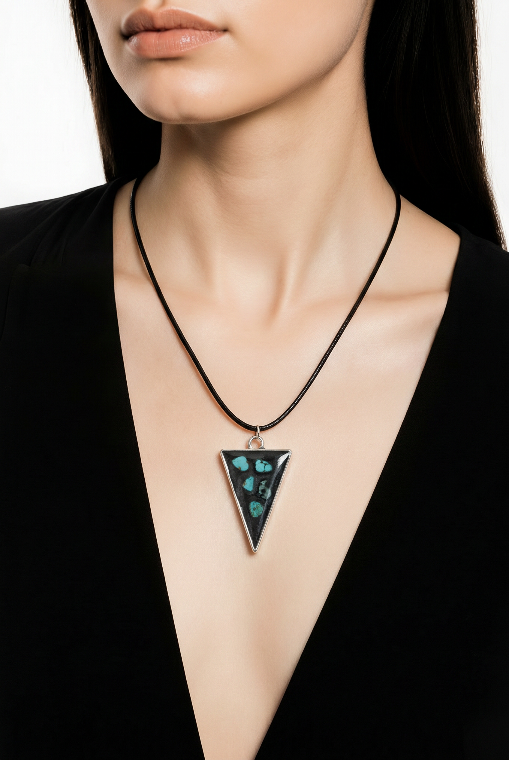 Turquoise & Black Resin Triangle Pendant Necklace – Handmade Boho Jewelry