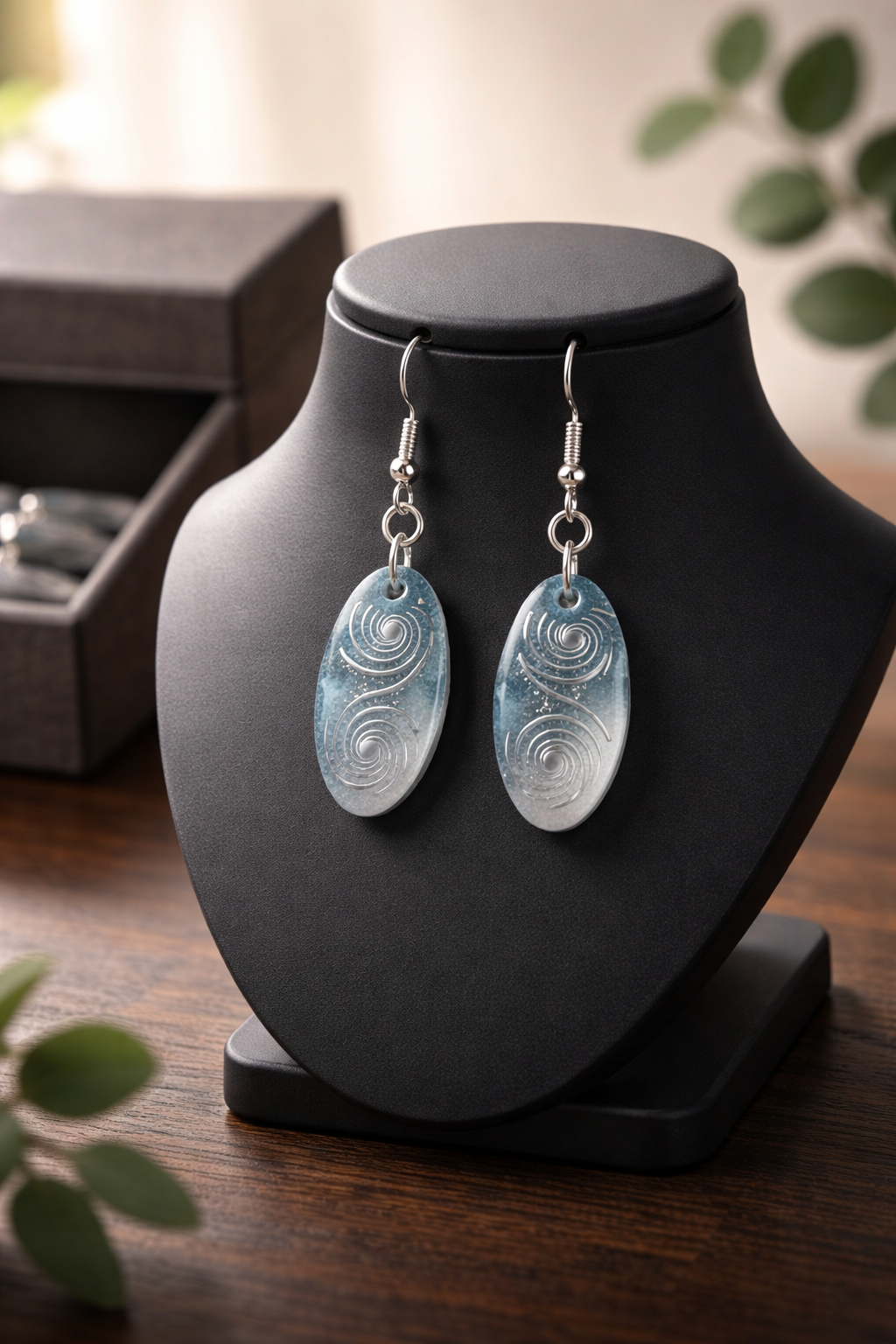 Silver & Blue Oval Resin Earrings – Handmade with Silver Scroll Detail