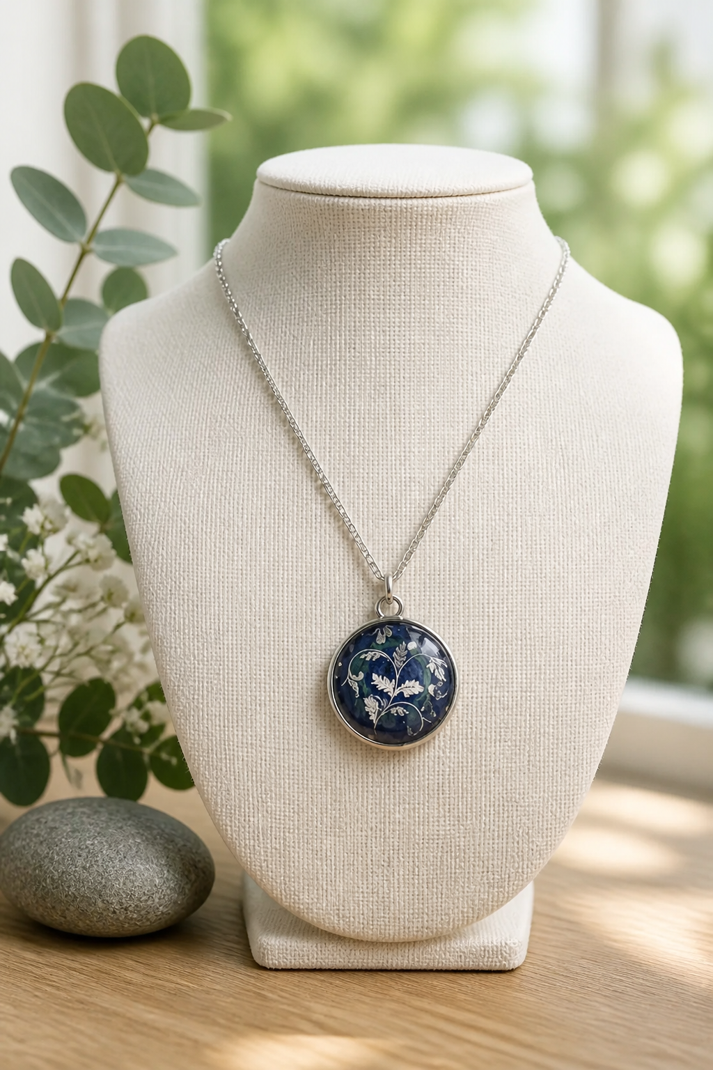 Blue-Green Resin & Silver Pattern Pendant Necklace