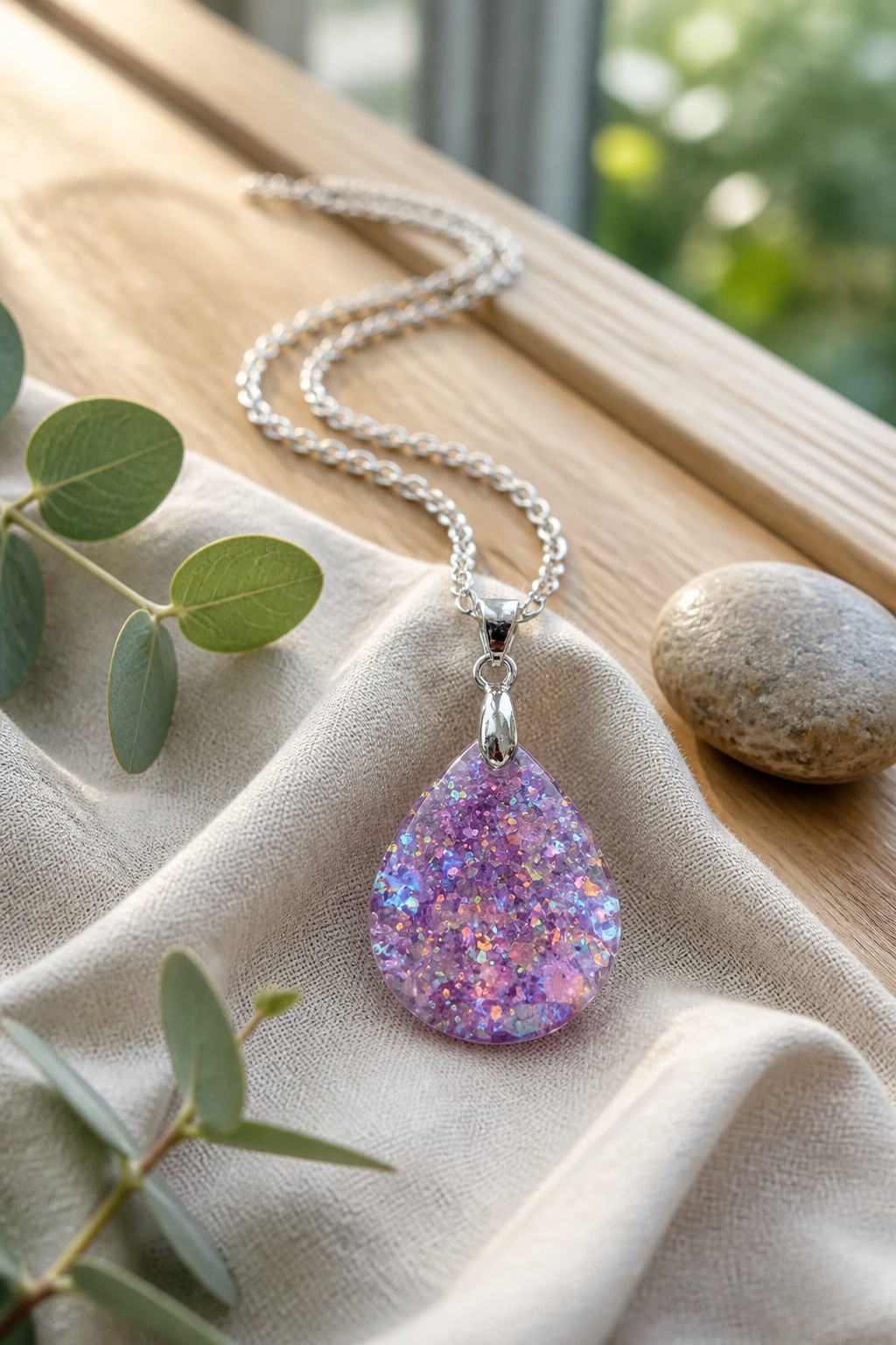 Pink Resin Teardrop Pendant Necklace - 18" Silver-Toned Chain