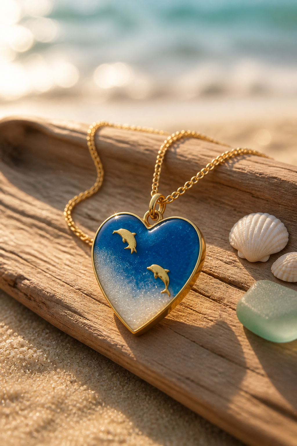 Blue Swirl & Gold Dolphin Heart Resin Pendant Necklace – Handmade Coastal Jewelry
