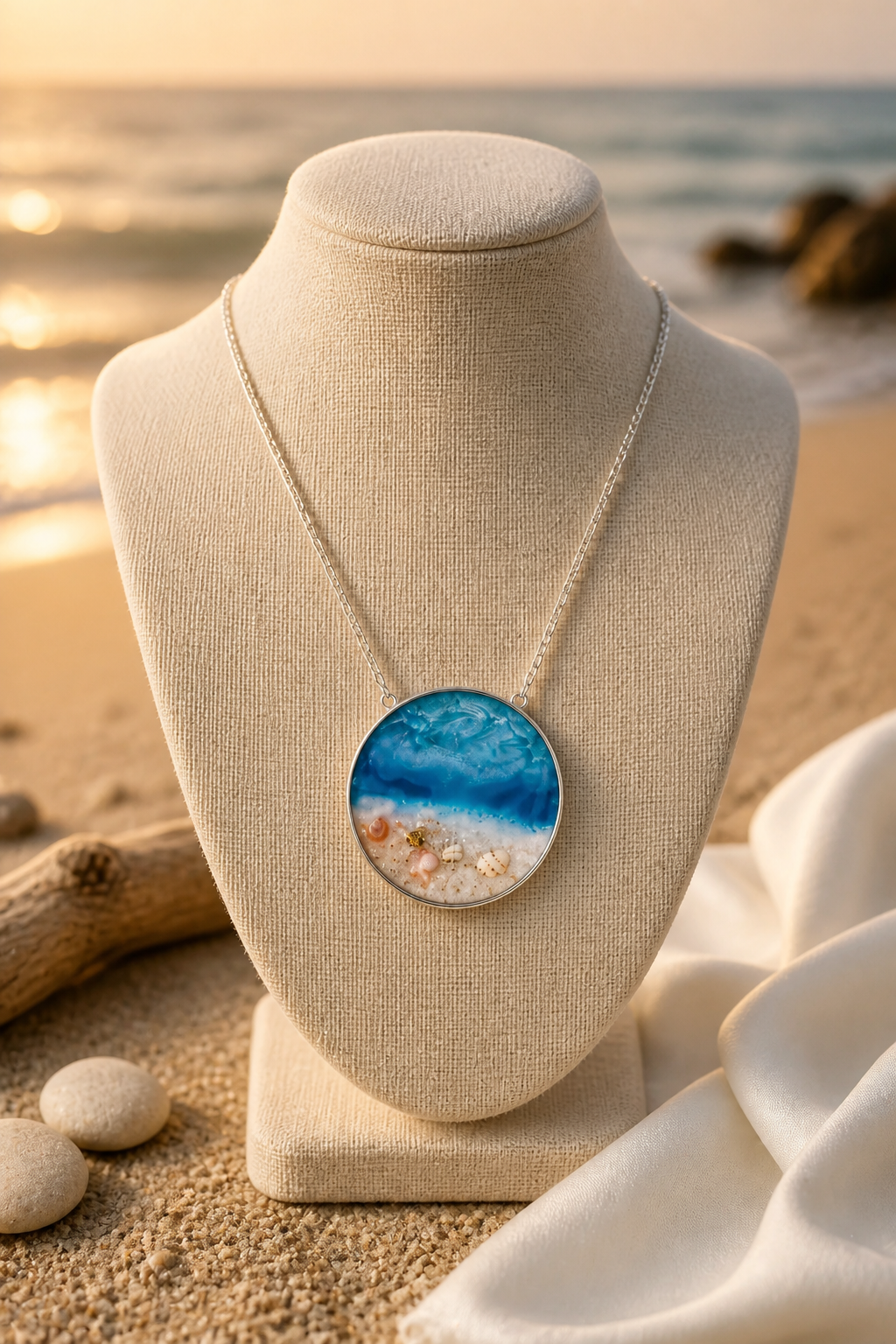 Real Seashell Beach Resin Pendant Necklace – Handmade Coastal Jewelry