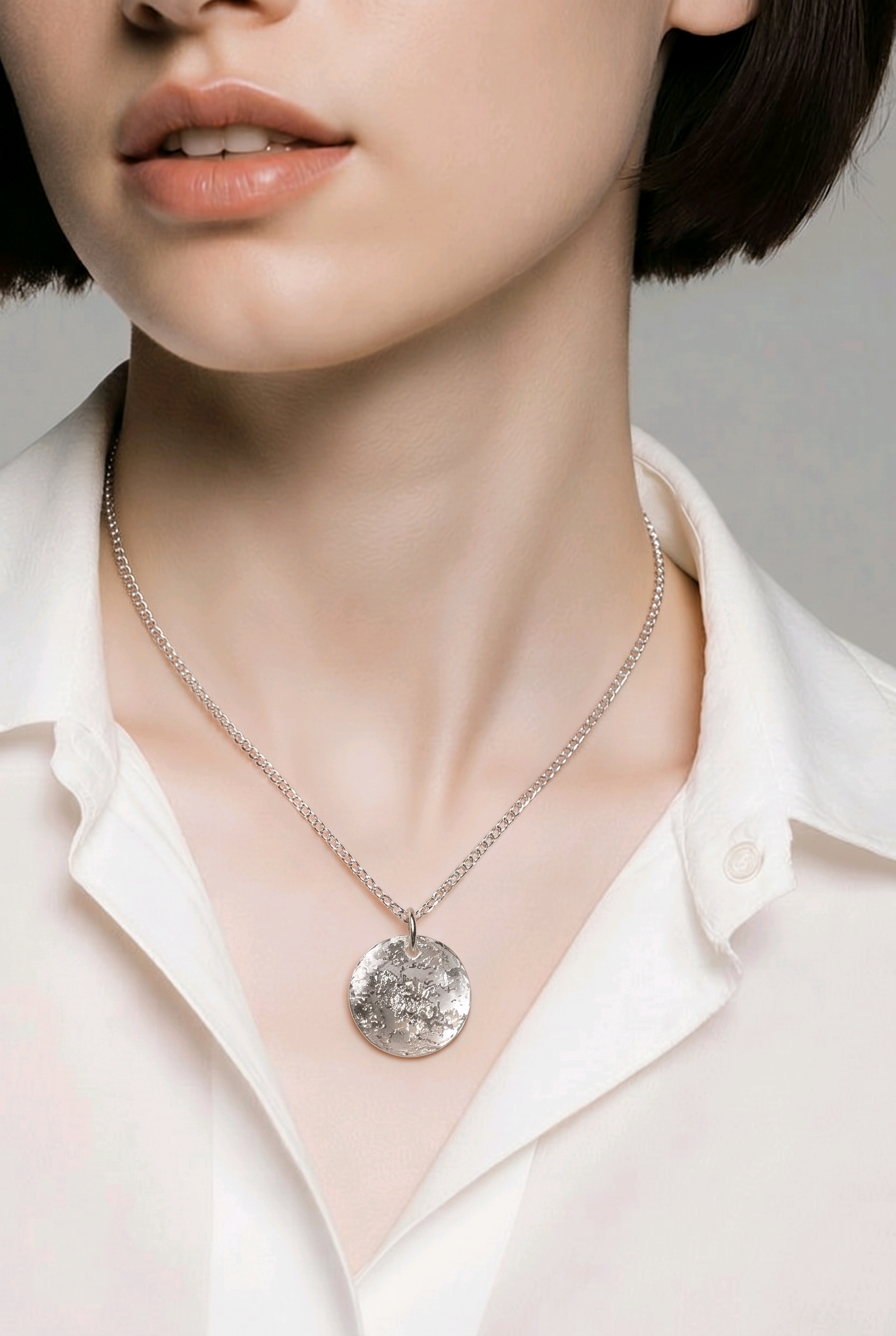 Silver Foil Resin Round Pendant Necklace – Handmade Minimalist Jewelry