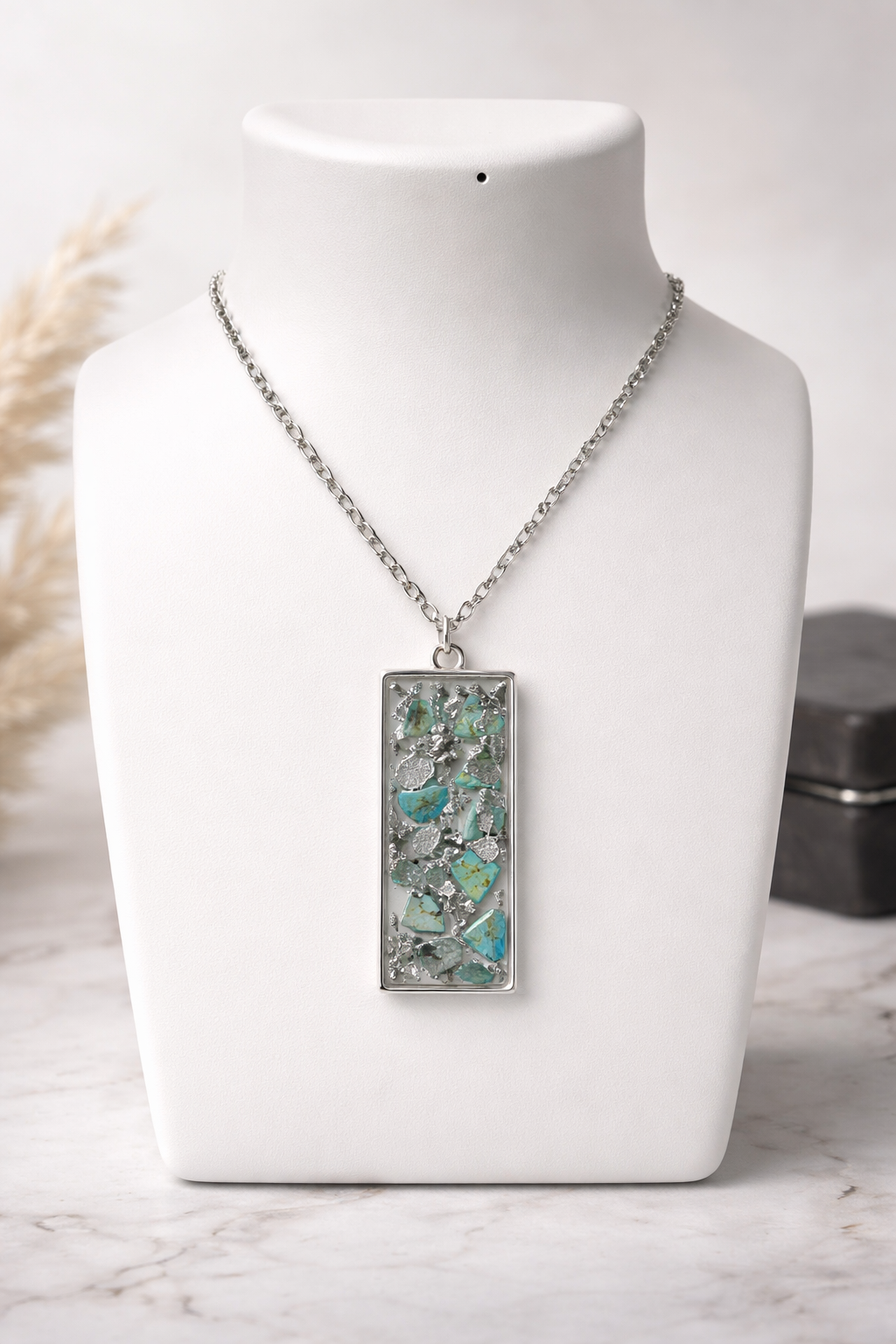Faux Turquoise & Silver Foil Resin Oblong Pendant Necklace – Handmade Coastal Jewelry