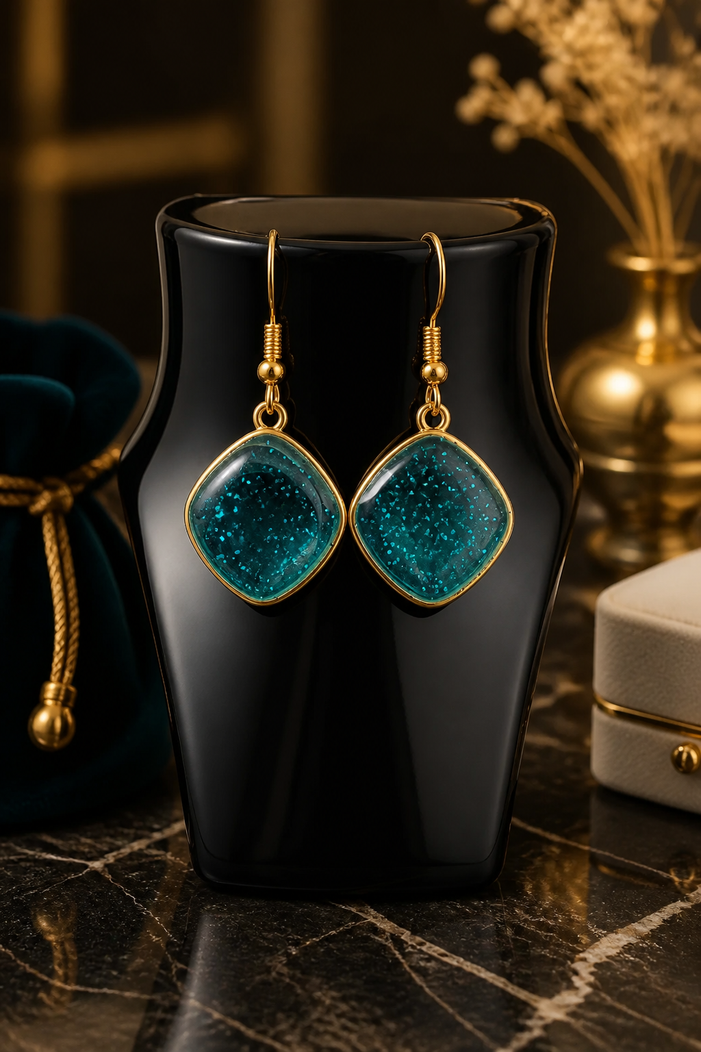 Teal Glitter Resin Earrings – Handmade 3/4" Round in Matte Gold Bezel